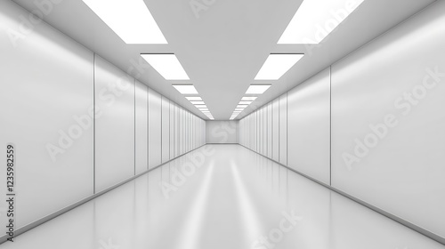 Empty white hallway, futuristic interior, clean design, workplace background, use in advertising or product presentation photo