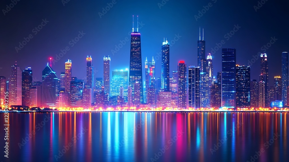 Fototapeta premium A vibrant city skyline at night, illuminated by colorful lights reflecting on the water.