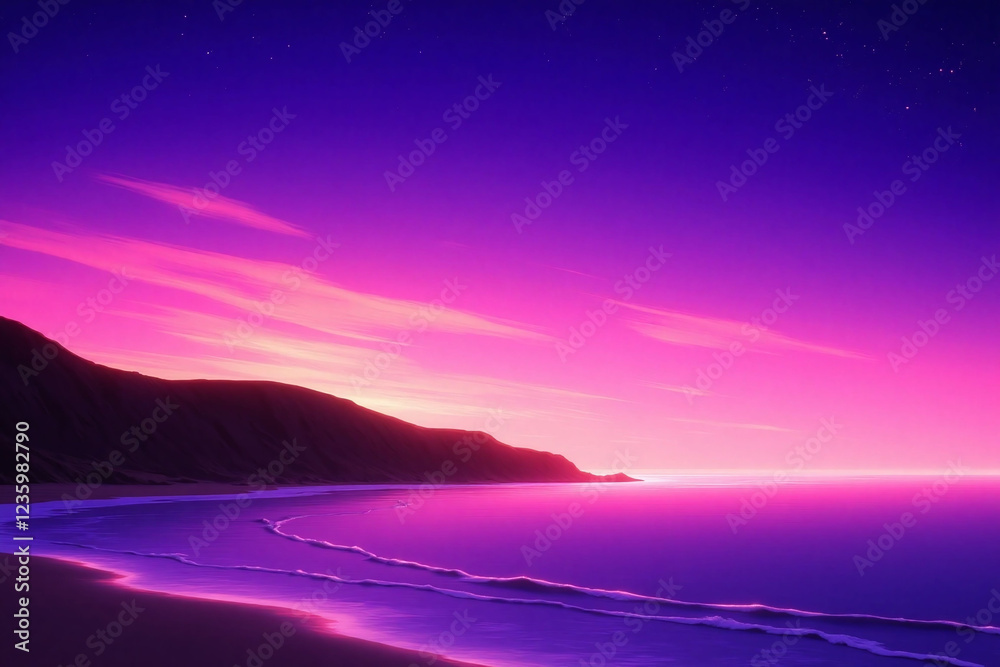 Fototapeta premium serene dreamlike beach scene at sunset with colorful sky and island