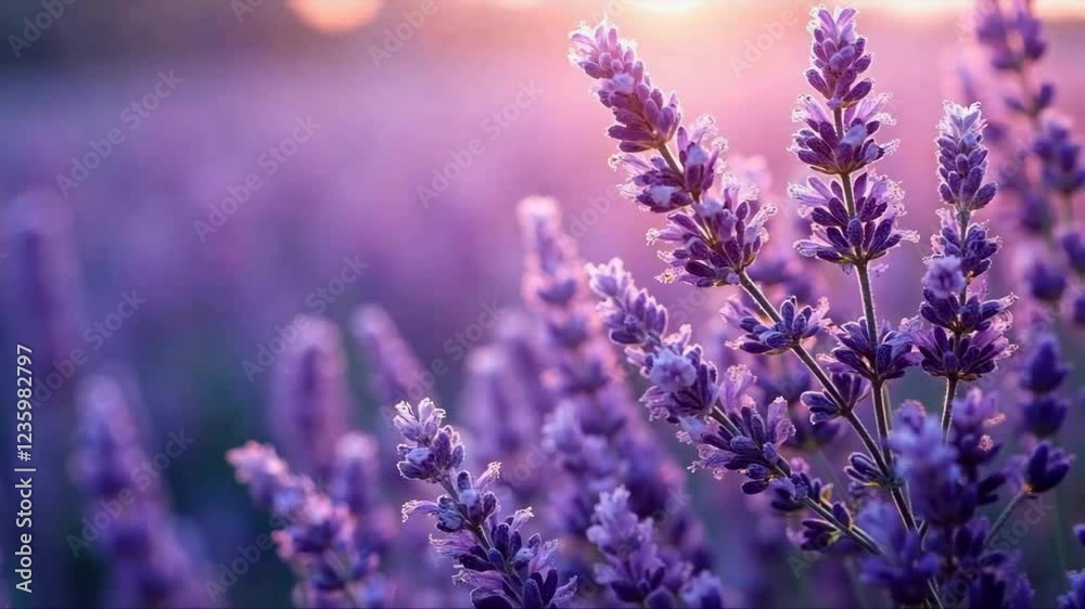 Beautiful field of lavender flowers is bathed in the warm glow of the sun. The flowers are in full bloom, with their purple petals reaching towards the sky. The scene is peaceful and serene Beautiful field of lavender flowers is bathed in the warm glow of the sun. The flowers are in full bloom, with their purple petals reaching towards the sky. The scene is peaceful and serene