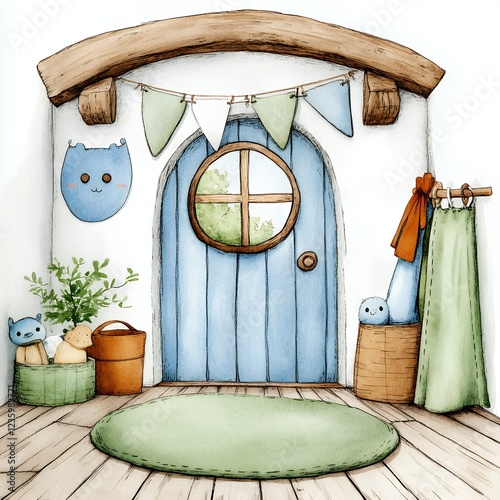 Welcoming interior space with charming blue door and playful decorations creating a cozy atmosphere