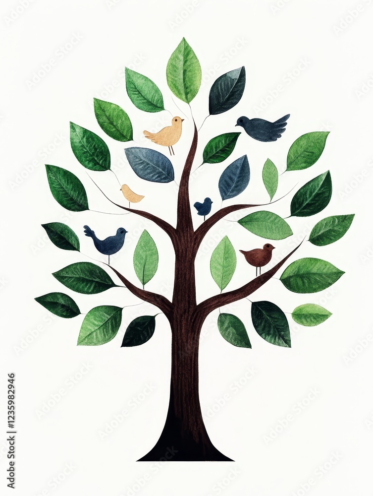 Fototapeta premium Colorful Tree with Birds and Leaves - A vibrant illustration of a tree adorned with various leaves and birds, showcasing nature's beauty and harmony.
