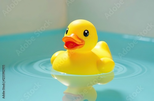 Close up shot of a rubber duck toy floating in a bathtub filled with water, with the bright yellow color of the duck contrasting against the white of the tub