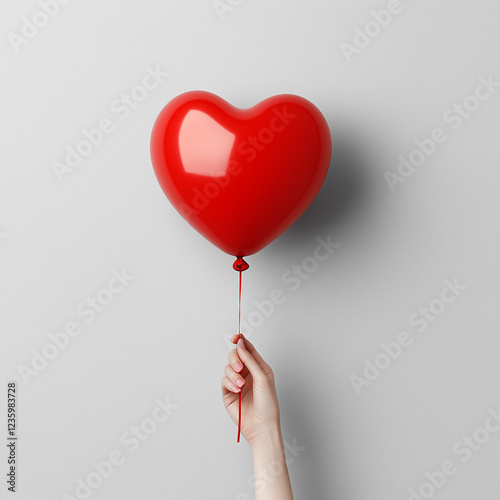 Love and Compassion - Hyper Realistic Photo of Hand Holding Red Balloon Heart Shape on Neutral Background