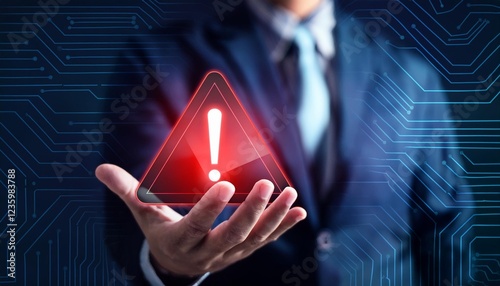 Businessman holding glowing red triangle caution warning exclamation sign for notification error and maintenance concept. new