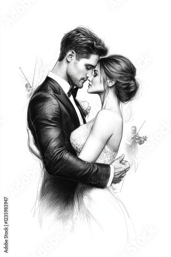 Couple waltzing in a cozy setting, illustrated with dreamy pencil strokes, evoking nostalgia and tenderness, with musicians softly playing in the background, creating a romantic atmosphere