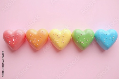 row of six heart shaped candies pastel colors sparkle photo