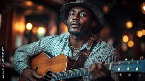 Musician plays acoustic guitar in bar