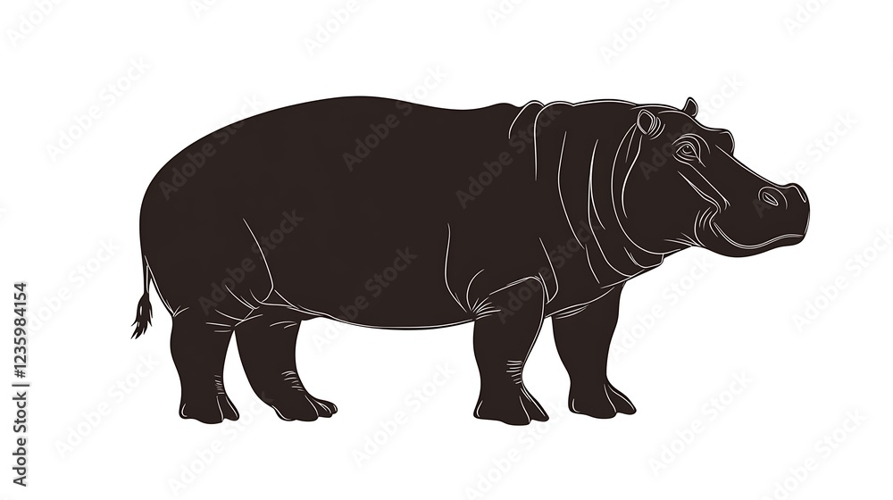 Fototapeta premium Profile of a hippopotamus, line drawing, animal silhouette, graphic design, for illustration or educational materials