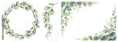 Watercolor set of frames and wreaths with green eucalyptus leaves and branches. Greenery clipart for wedding invitation, greeting cards, save the date, stationery design.  Hand drawn illustration.