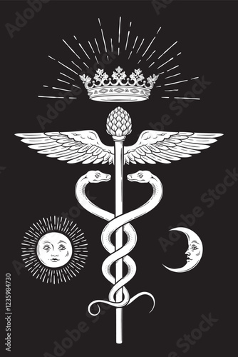 Caduceus magic staff carried by Hermes symbol of medicine with serpents consuming each other. Tattoo, poster or print design vector illustration