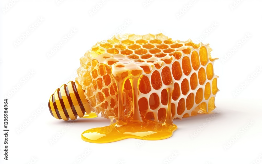 Flying honeycomb dripping with golden honey isolated on a white background Flying honeycomb dripping with golden honey isolated on a white background