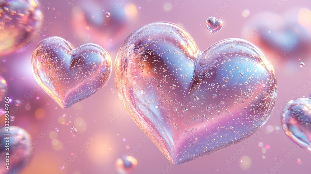 Fototapeta premium Floating translucent hearts with glass texture and sparkling bubbles. Dreamy pastel, Valentines Day