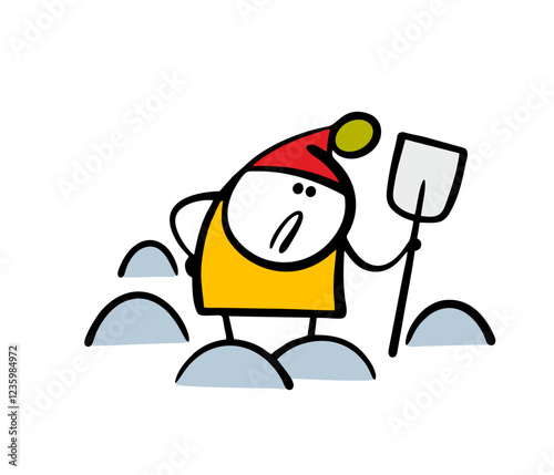 Confused stickman in winter clothes holds a shovel and looks at large snowdrifts. Vector illustration of  boy upset, does not want to remove snow from the road. Isolated funny character on white.