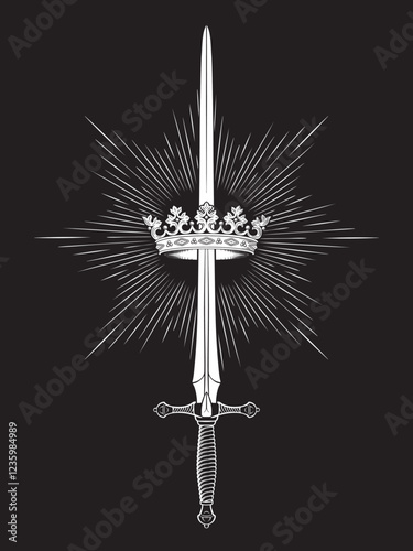 Hand drawn royal sword Excalibur and crown vintage line art tattoo vector illustration isolated