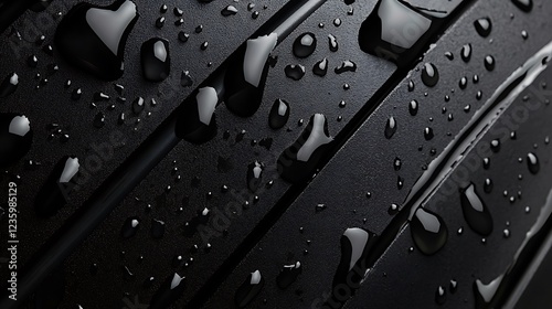 Water droplets on dark rubber tire tread photo