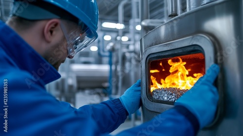 High Technology Pyrolysis Processing of Organic Material - A worker operates industrial pyrolysis equipment showcasing fire and processing organic material sustainably in a modern facility
