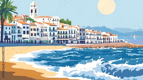 Coastal Town Seaside Scene; Sunny Day; Vacation; Artistic Illustration photo