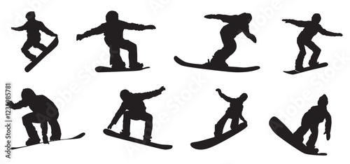 set silhouettes of snowboarding. Silhouettes of snowboarder isolated