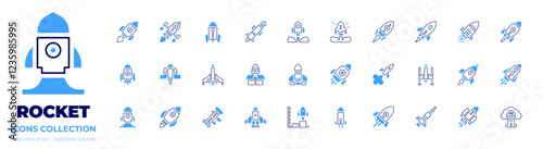 Rocket icon collection. Bold line style. Duotone colors. rocket, launch, take off, rocket ship, startup, rocket launch, missile, deployment, rocket launcher