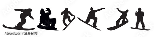 Silhouettes of people snow boarding. snowboard riders silhouette on isolated withe background. 