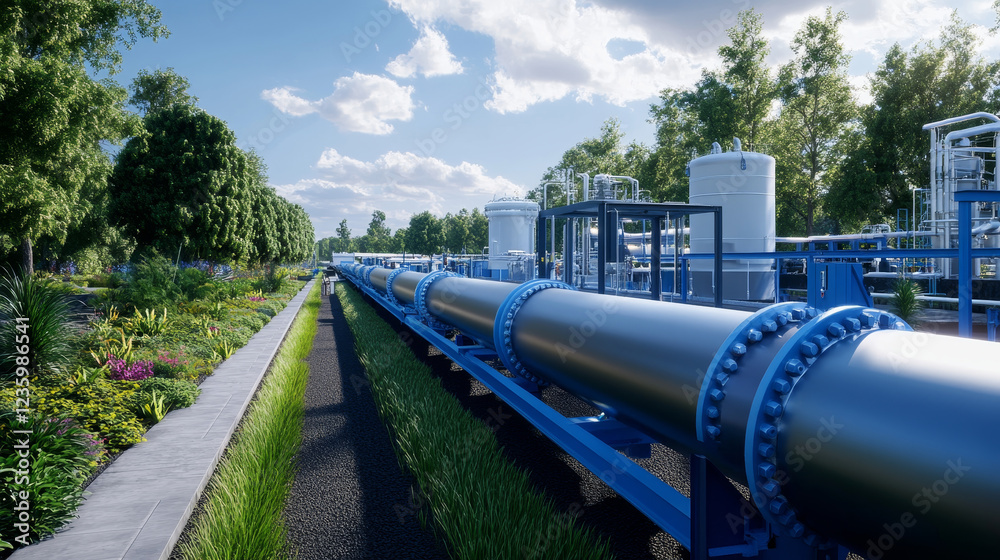 Modern H2 Pipeline With Nature Background - A high-fidelity image showcasing a modern hydrogen pipeline surrounded by greenery and blue sky symbolizing clean energy efficiency sustainability technolog Modern H2 Pipeline With Nature Background - A high-fidelity image showcasing a modern hydrogen pipeline surrounded by greenery and blue sky symbolizing clean energy efficiency sustainability technolog