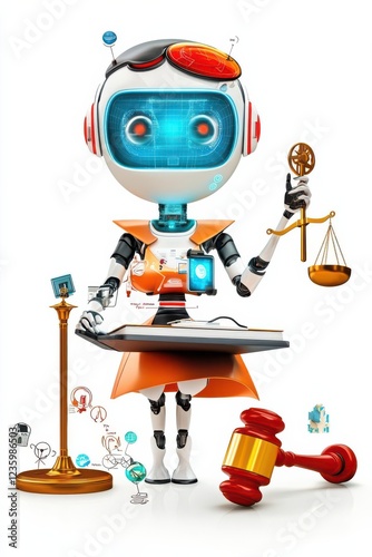 Futuristic robot judge balancing law and technology.