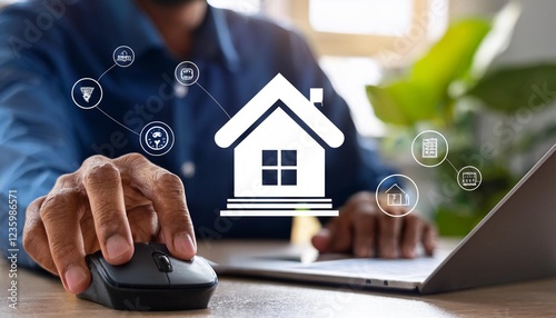 Real estate investment concept. Man use laptop with house icon for analyzing mortgage loan home and insurance real property mortgage. interest rate, new