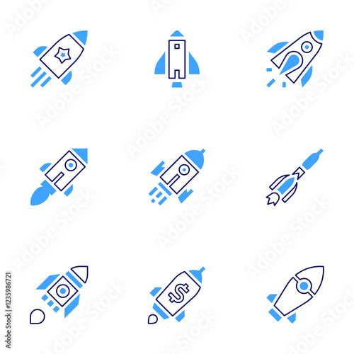Rocket icon set. Bold line style. Duotone colors. Editable stroke. space rocket, space ship, startup, undertake, launch, rocket, soyuz rocket
