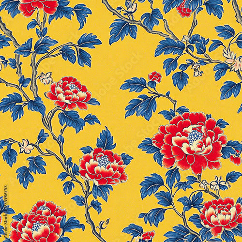 Yellow Floral Chinoiserie Seamless Pattern | Elegant Vintage Asian-Inspired Digital Paper