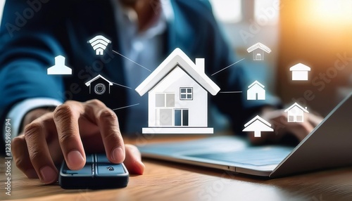 Real estate investment concept. Man use laptop with house icon for analyzing mortgage loan home and insurance real property mortgage. interest rate, new