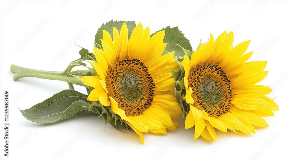 Obraz premium Two Bright Yellow Sunflowers On White Background