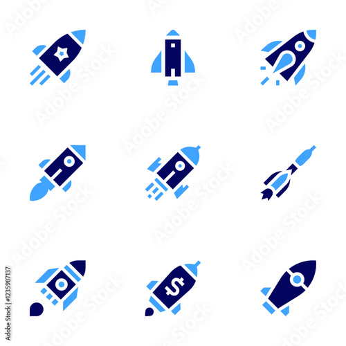 Rocket icon set. Bold style. Duotone colors. space rocket, space ship, startup, undertake, launch, rocket, soyuz rocket