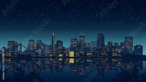 Night cityscape reflection, San Francisco skyline, city lights, tranquil view, stock photo photo