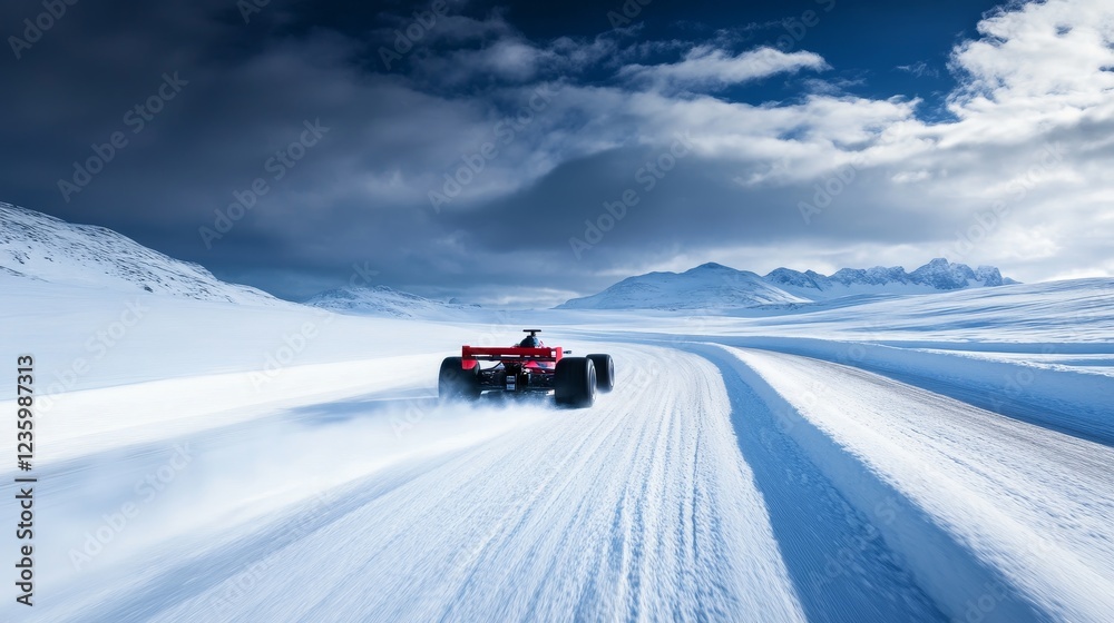Race car on a snow-covered track during winter - A vibrant race car speeds on a snow-covered track, surrounded by stunning mountains and dramatic skies, embodying adrenaline, adventure Race car on a snow-covered track during winter - A vibrant race car speeds on a snow-covered track, surrounded by stunning mountains and dramatic skies, embodying adrenaline, adventure