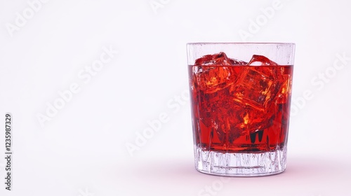 Refreshing Cocktail Glass with Ice Cubes - A clear glass filled with a vibrant red drink and ice cubes on a soft white background. photo