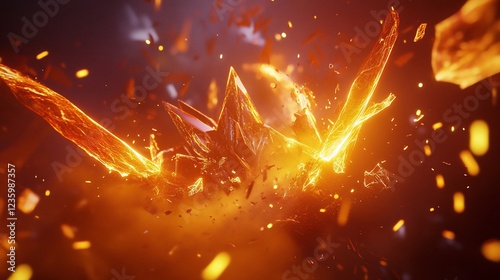 Abstract explosion of bright orange crystal fragments with a dynamic fiery effect