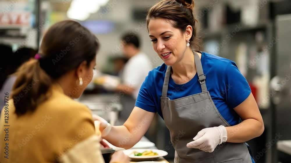 A Volunteer Serving Hot Meals at a Community Shelter