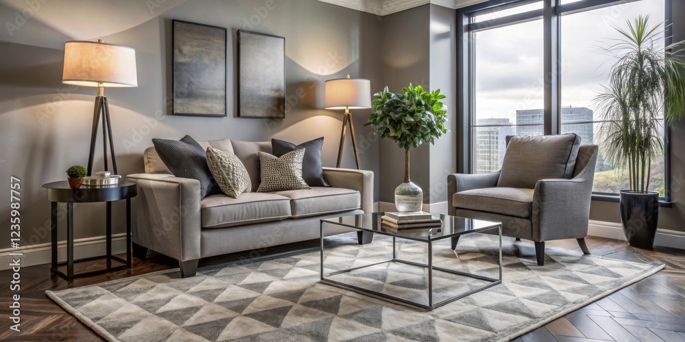 Fototapeta premium A modern living room with a grey couch, a black glass coffee table, and a grey armchair, adorned with a patterned rug and natural light streaming through the window