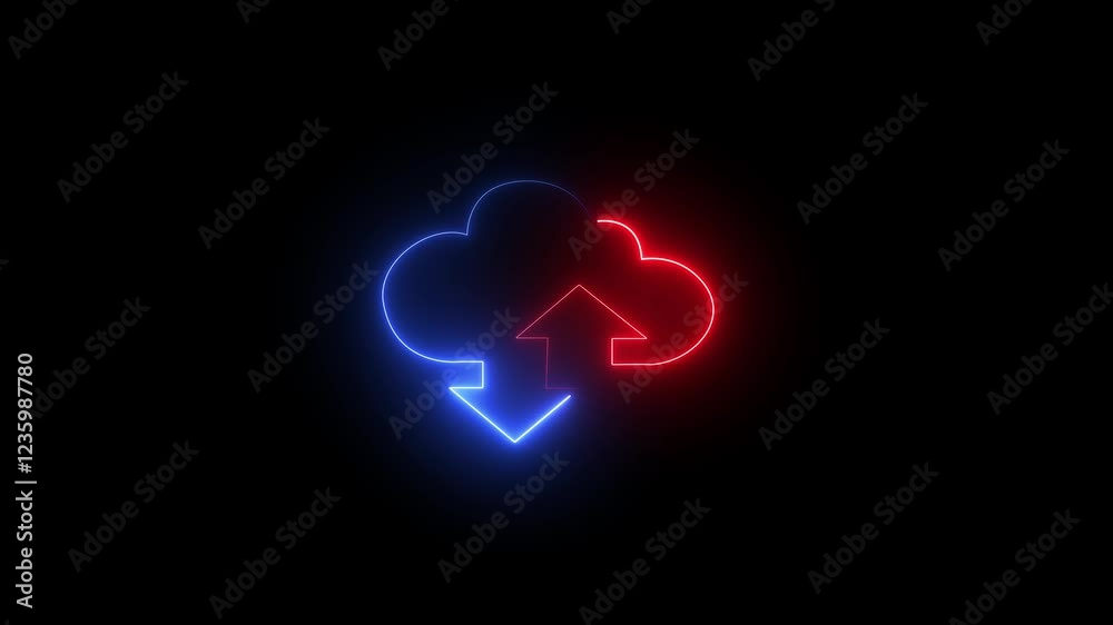 Neon digital cloud icon, data transfer animation Cloud space and technology, data backup, file repository, upload database icon black background.