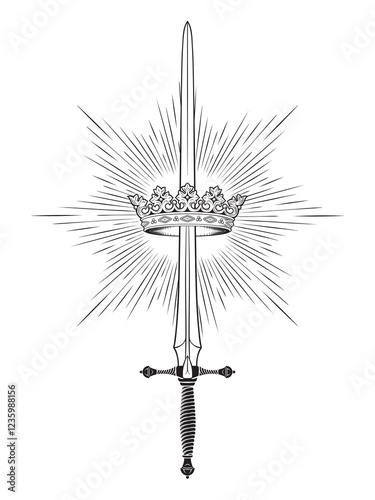 Hand drawn royal sword Excalibur and crown vintage line art tattoo vector illustration isolated