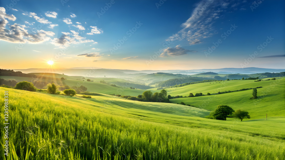 Fototapeta premium Serene Sunrise Over Lush Green Hills and Open Fields Landscape