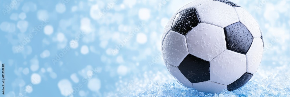 Obraz premium Soccer ball with ice crystals in blue background - A soccer ball is placed on a snowy surface with ice crystals reflecting light creating a cool winter sports atmosphere.