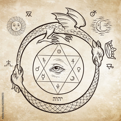 An ouroboros or uroboros serpent and dragon consuming each other alchemical formula of philosophers stone. Tattoo, poster or print design vector illustration