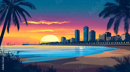 Colorful sunset over city beach, palm trees, vibrant colors, artistic illustration, evening view, use for wallpaper, background, print design photo