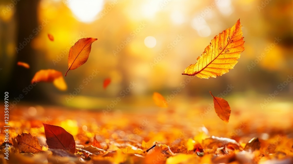 Golden autumn leaves dance in the warm sunlight, creating a breathtaking scene.