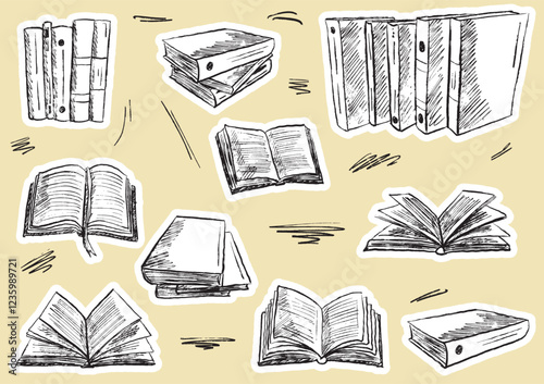 Stickers with stacks of books, reading process, opened books with pages. Go back to school, library in brush stroke texture. Hand drawn vector sketch illustration in vintage charcoal ink style