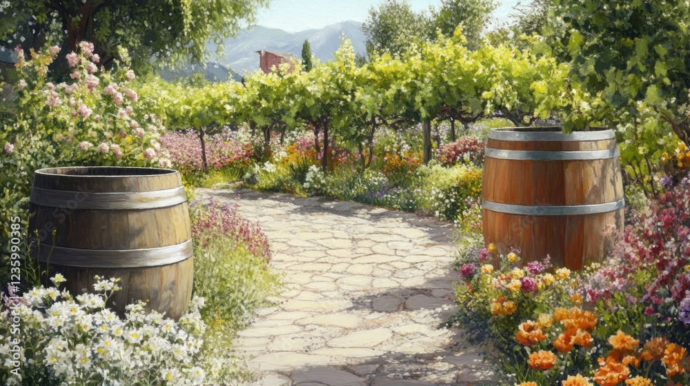 Obraz premium A serene garden path lined with flowers and barrels, leading through a vineyard.