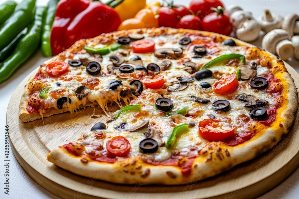 Delicious vegetarian pizza with mushrooms, olives, peppers, and tomatoes on a wooden board. Delicious vegetarian pizza with mushrooms, olives, peppers, and tomatoes on a wooden board.