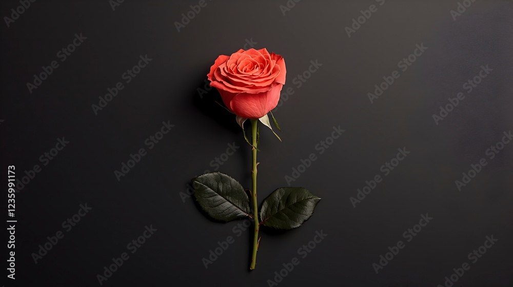 Fototapeta premium Elegant Red Rose with Green Leaves on Dark Background Display